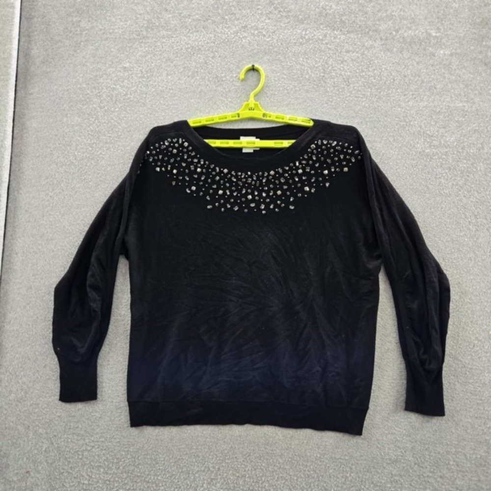 Chico's Women Sweatshirt 2 Black Nylon Rayon Beaded Long Sleeve